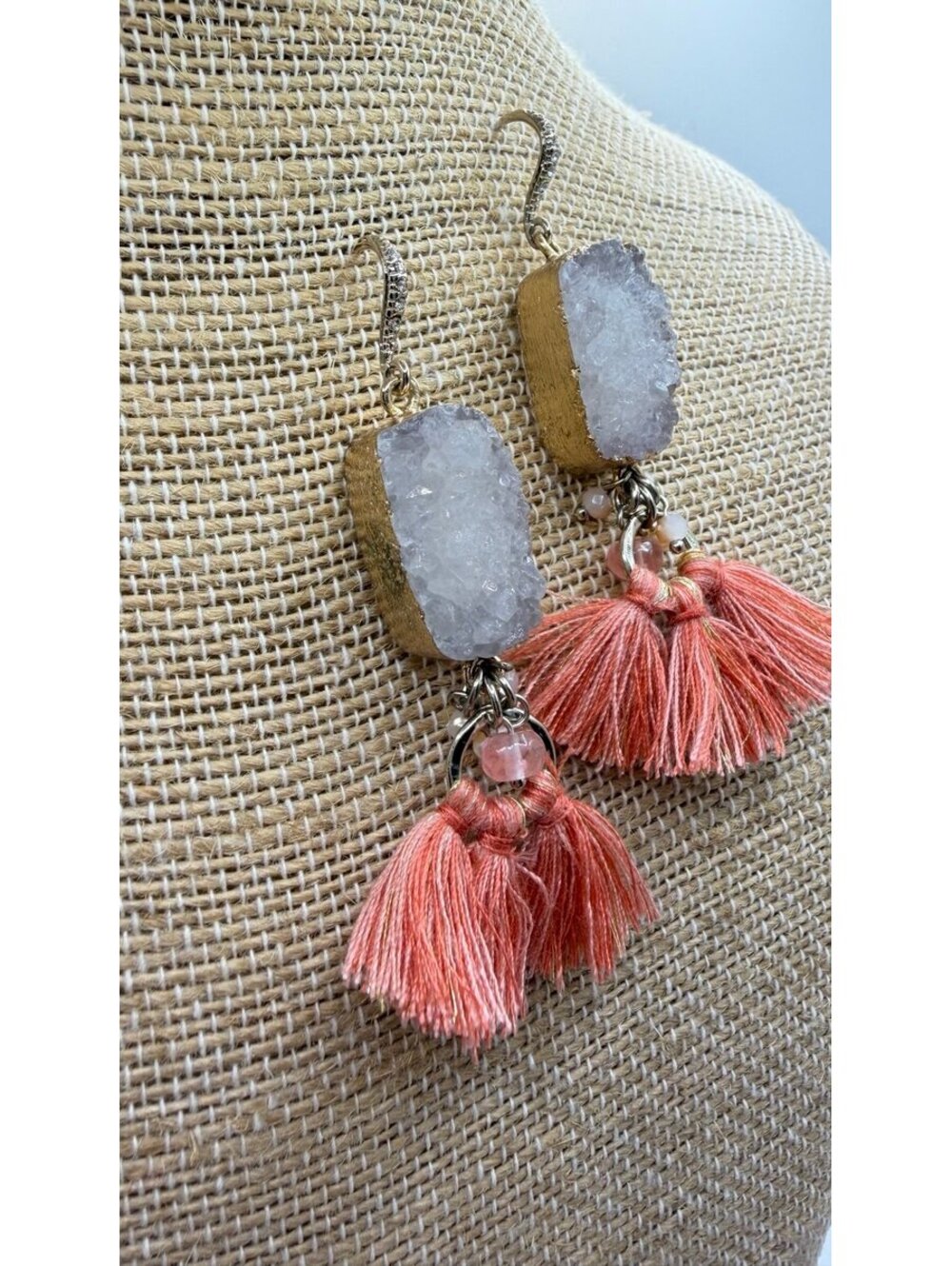 White Druzy & Coral Tassel Statement Earrings- Gold Tone